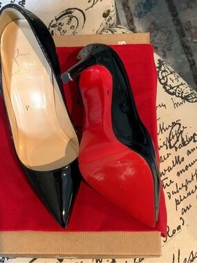 Christian Louboutin Black Patent Pointed-Toe Stiletto Pumps with Red Sole